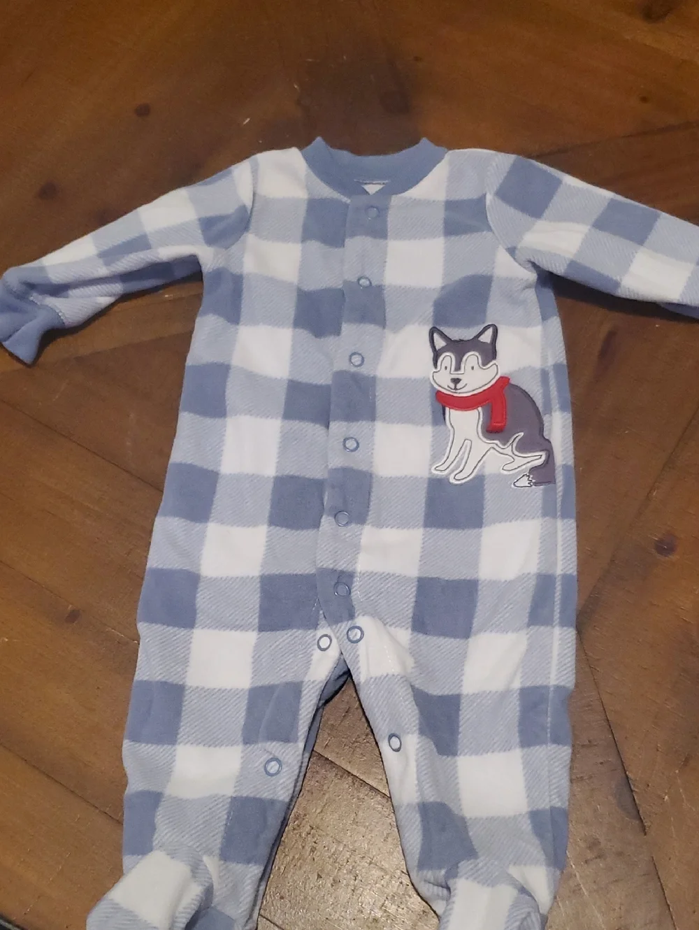 Carter's Blue and White Buffalo Plaid Footed One-Piece with Fox Applique
